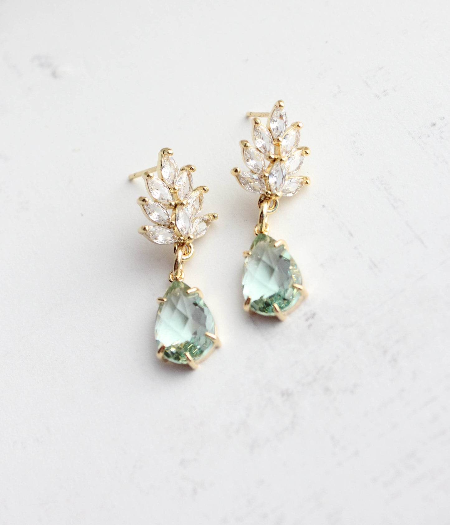 A Pocket of Posies - Glass Leaf Earrings | Rhinestone Studs | Gold or Silver: Gold Plated