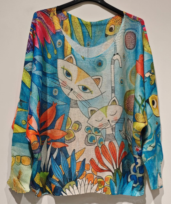 LOOWIE - POCATL Lady Cats V- Neck Printed Sweater LOOWIE