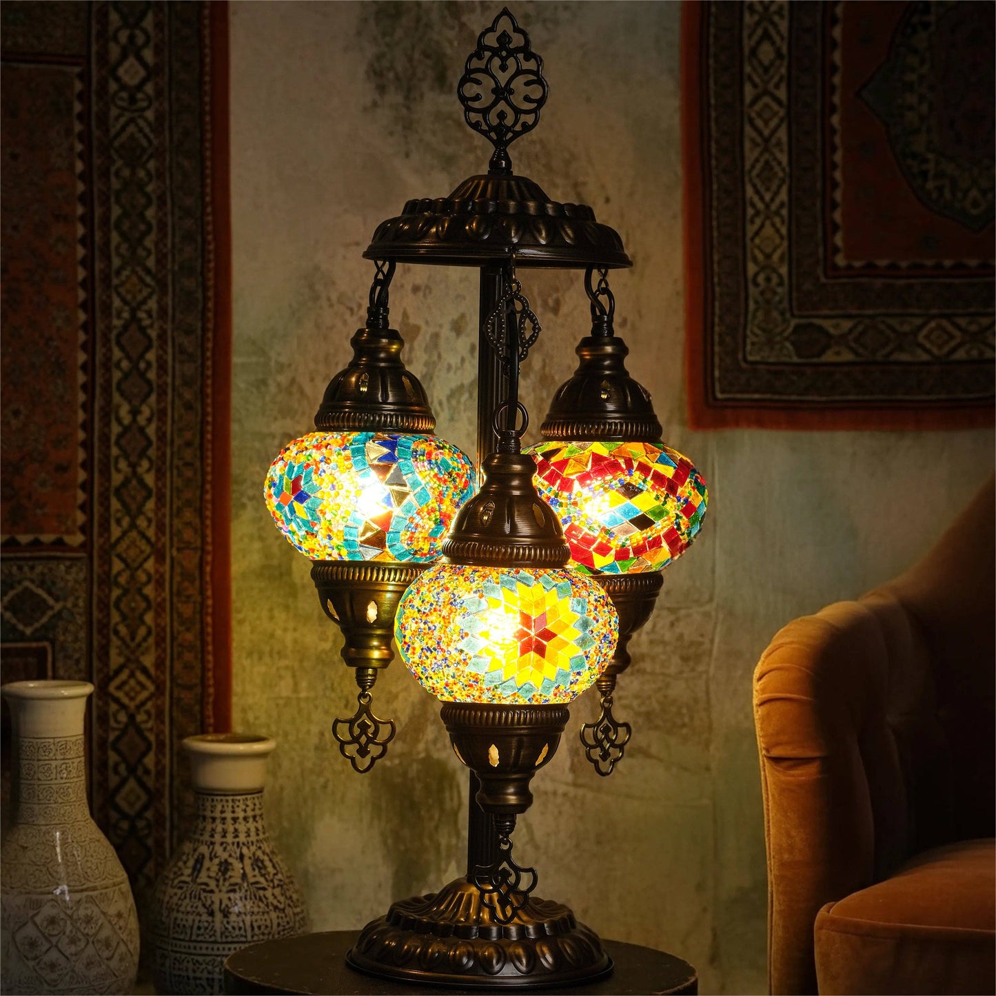 Mozaist LLC - 3-Globe Turkish Mosaic Table Lamp (Rainbow)