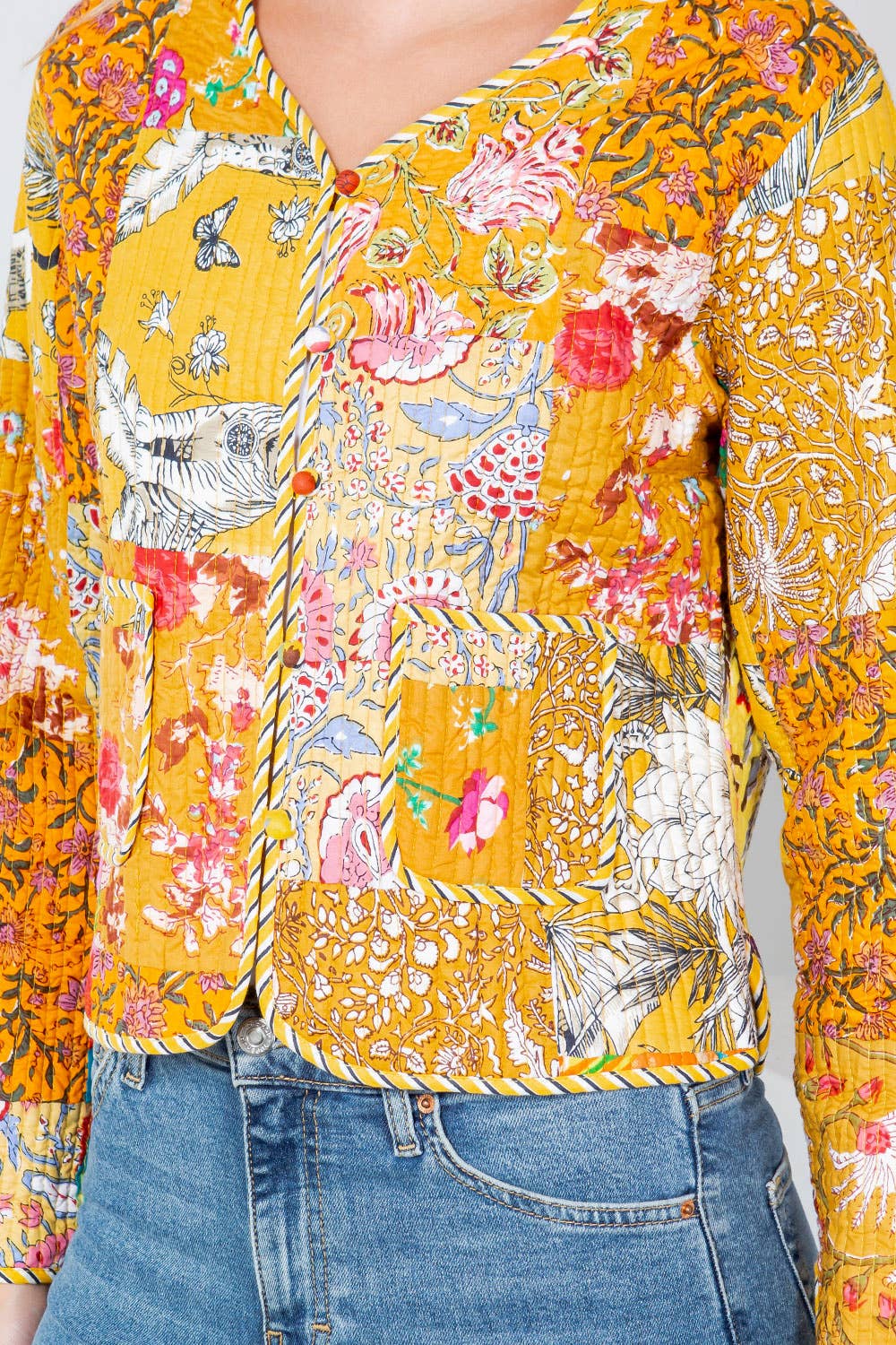 LA Soul - Floral Print Quilted Patch Cotton Jacket - Yellow: XL