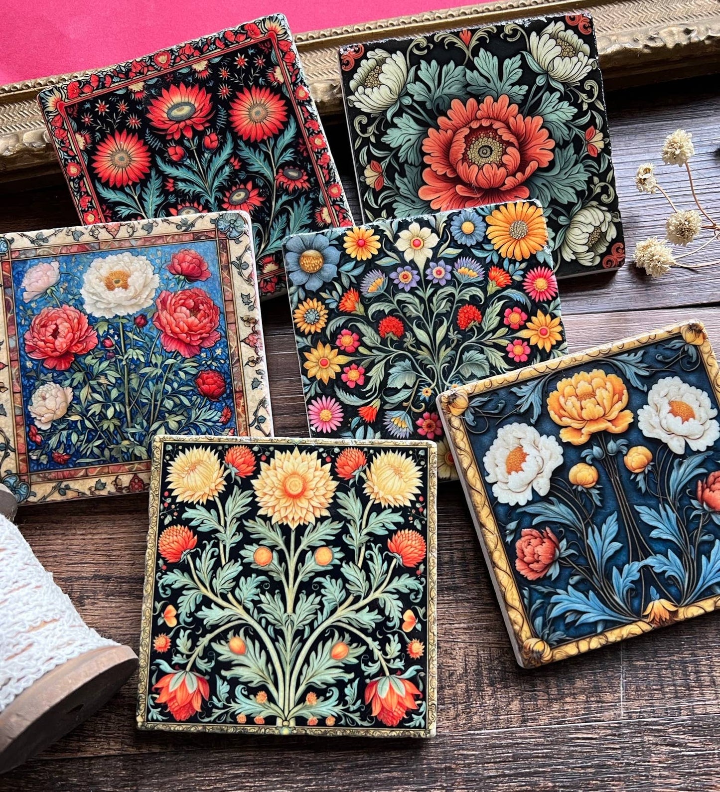 The Painted Lily - William Morris inspired stone coasters - case of 6
