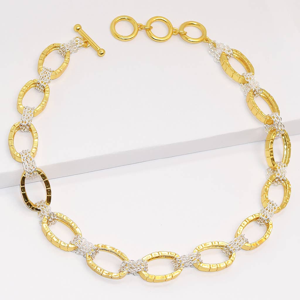KARINE SULTAN - Mixed metal oval brick and chain collar necklace: Silver/Gold