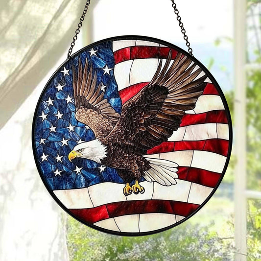 NVC Ecommerce LLC - American Flag Bald Eagle Stained Glass Suncatcher, Decor: 11.8in