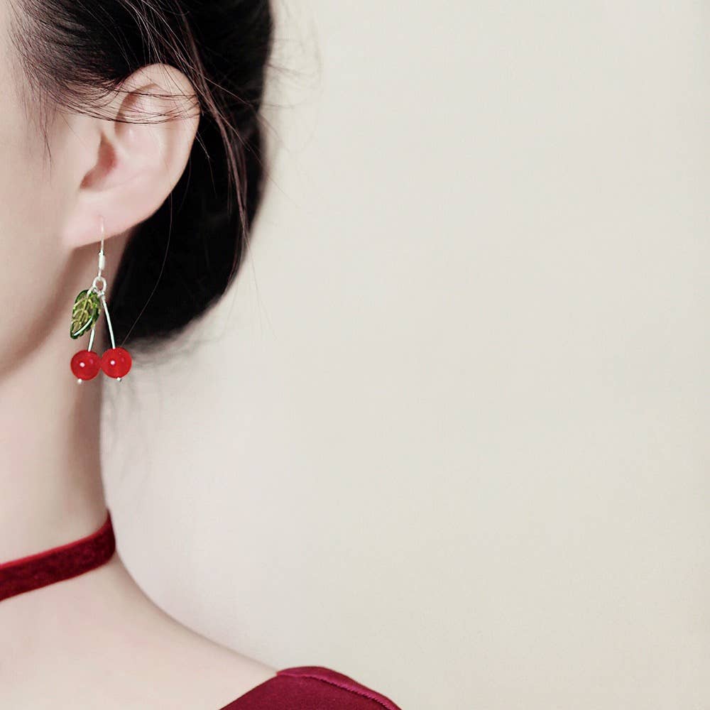 Haengseongworkshop - S925 Cherry Fruit Dangle 8mm Red Jade 15mm Leaves Earrings