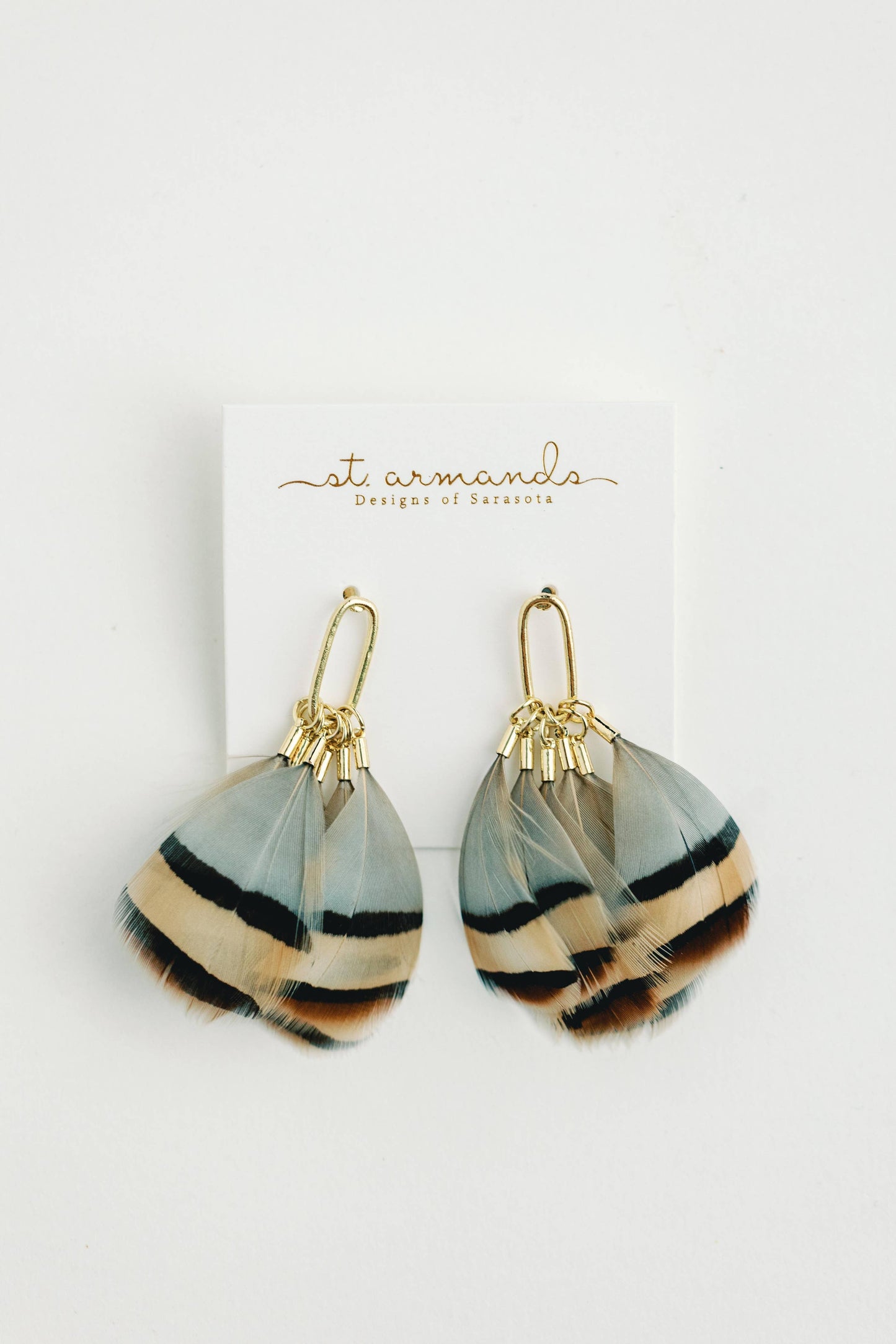 St Armands Designs of Sarasota - Brown Striped Feather Statement Tassel Earrings