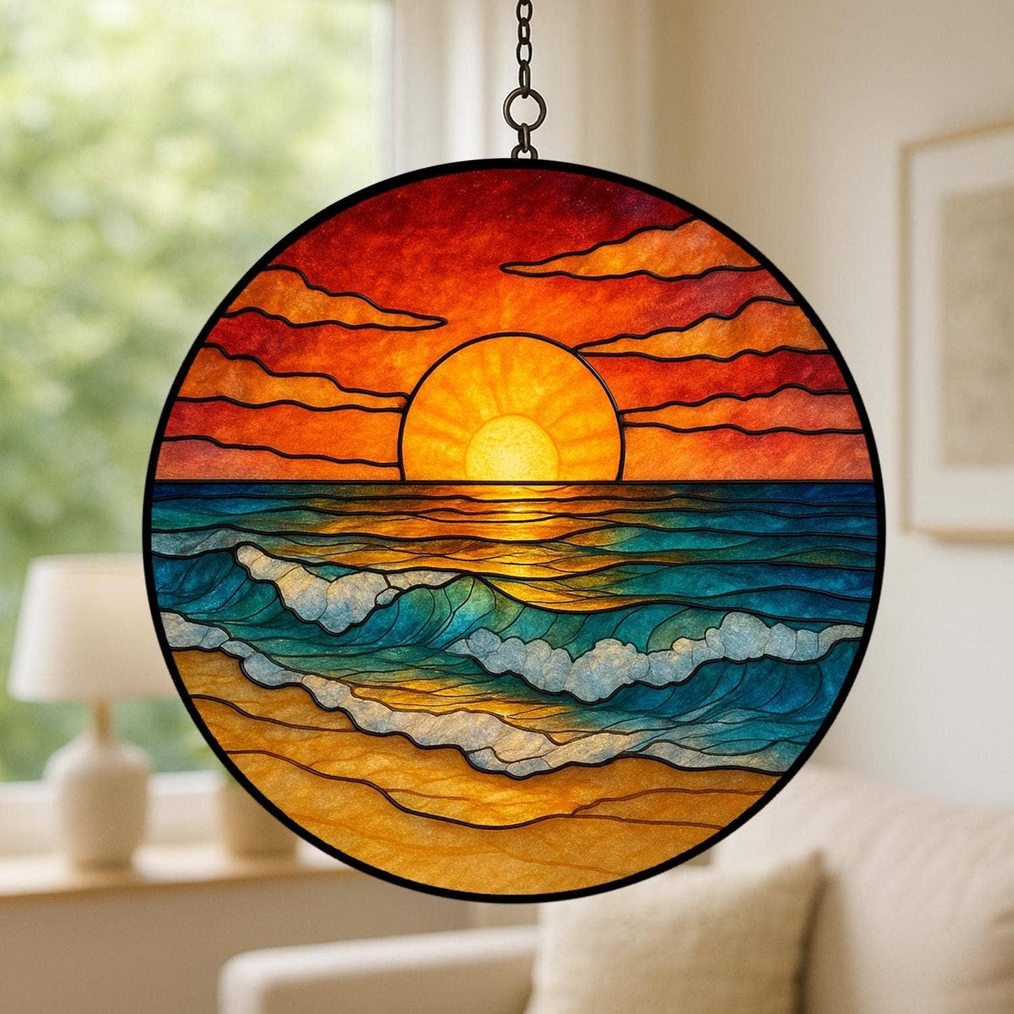 NVC Ecommerce LLC - Beach Sunset Stained Glass Suncatcher, Gift Beach Lover: 11.8in