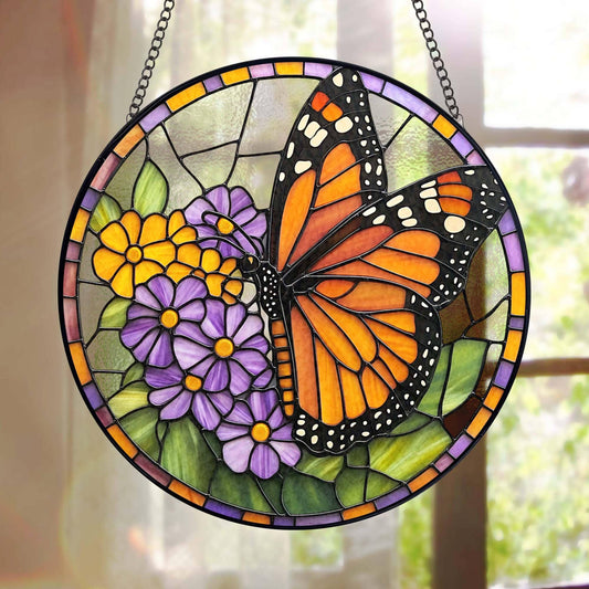 NVC Ecommerce LLC - Monarch Butterfly Stained Glass Suncatcher, Flowers Ornament: 11.8in