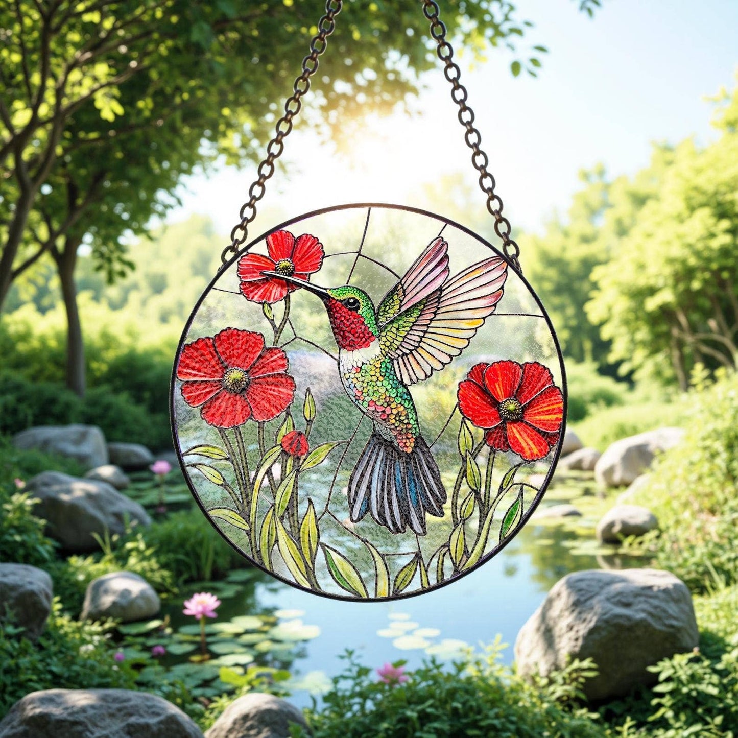 NVC Ecommerce LLC - Vibrant Bird and Poppy Stained Glass Suncatcher, Hummingbird: 11.8in