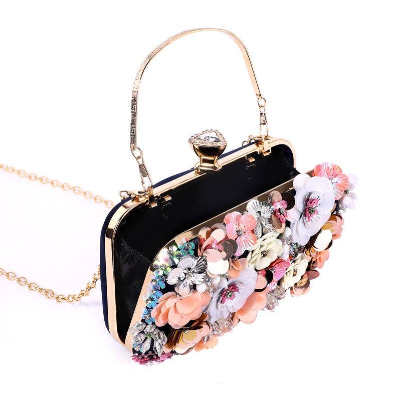 PEACH ACCESSORIES - K020 Floral Embellished Clutch Bag: Navy