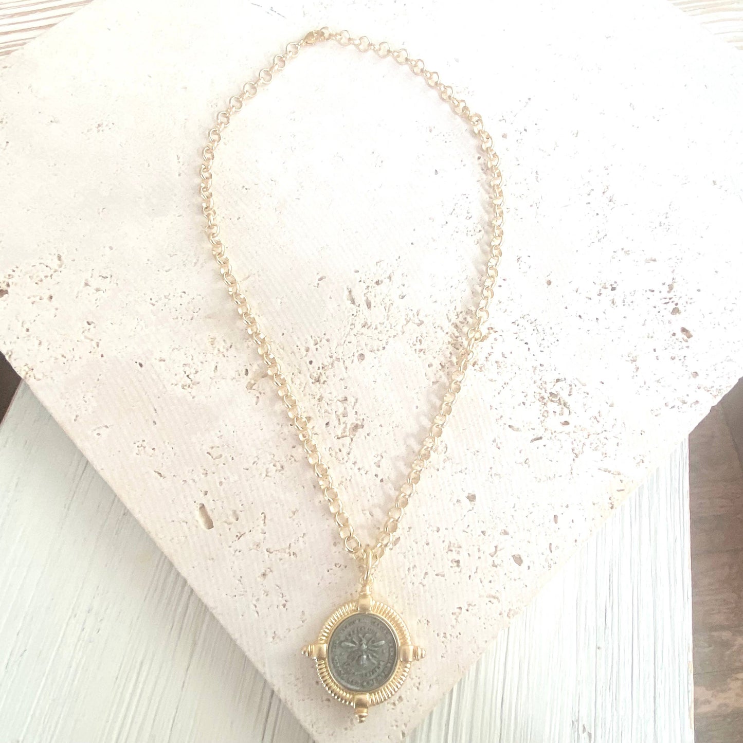 VB&CO Designs Handmade Jewelry - Bee necklace coin jewelry French matte gold boutique