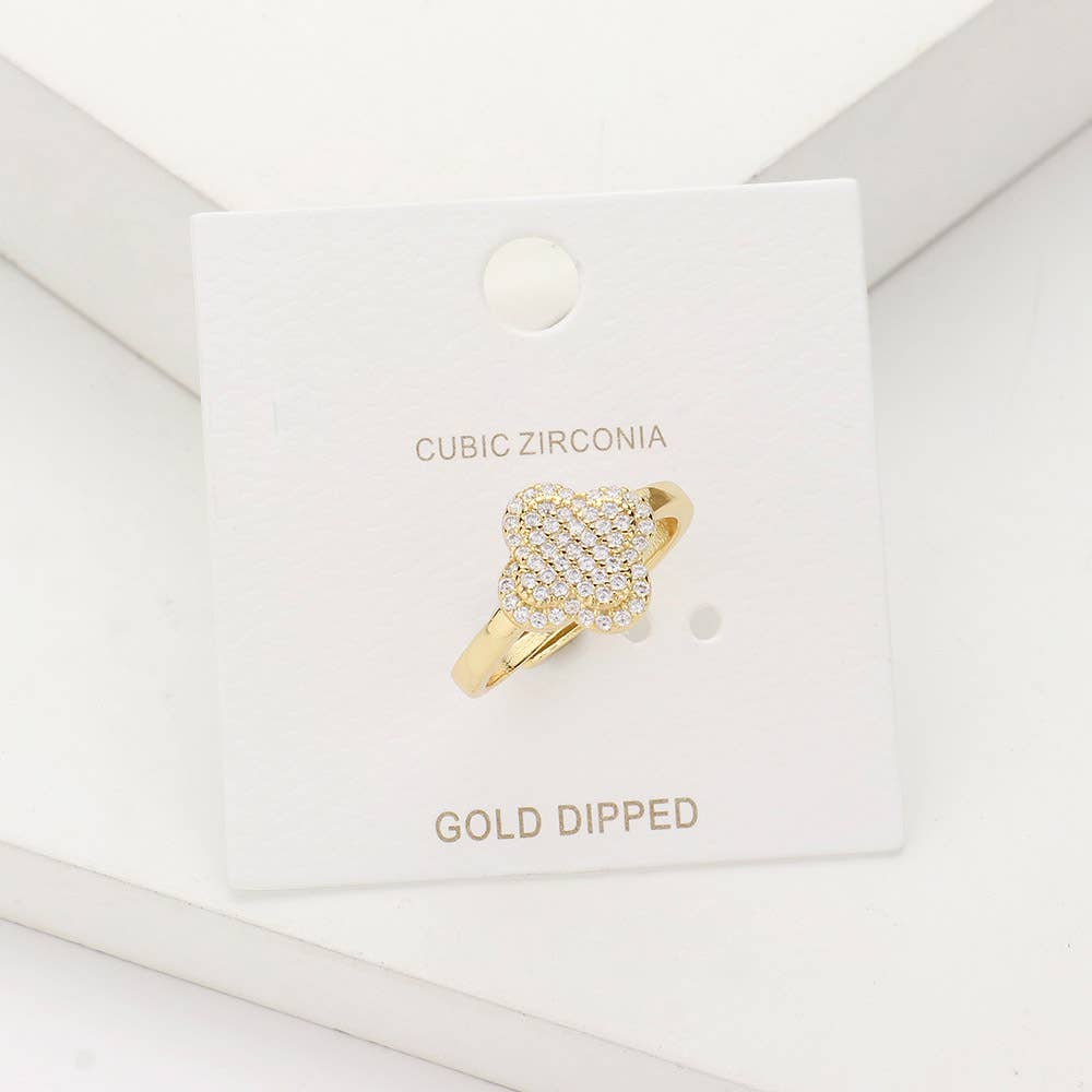 Sensibling Corp. - Gold Dipped CZ Stone Paved Quatrefoil Adjustable Ring: Clear,Gold