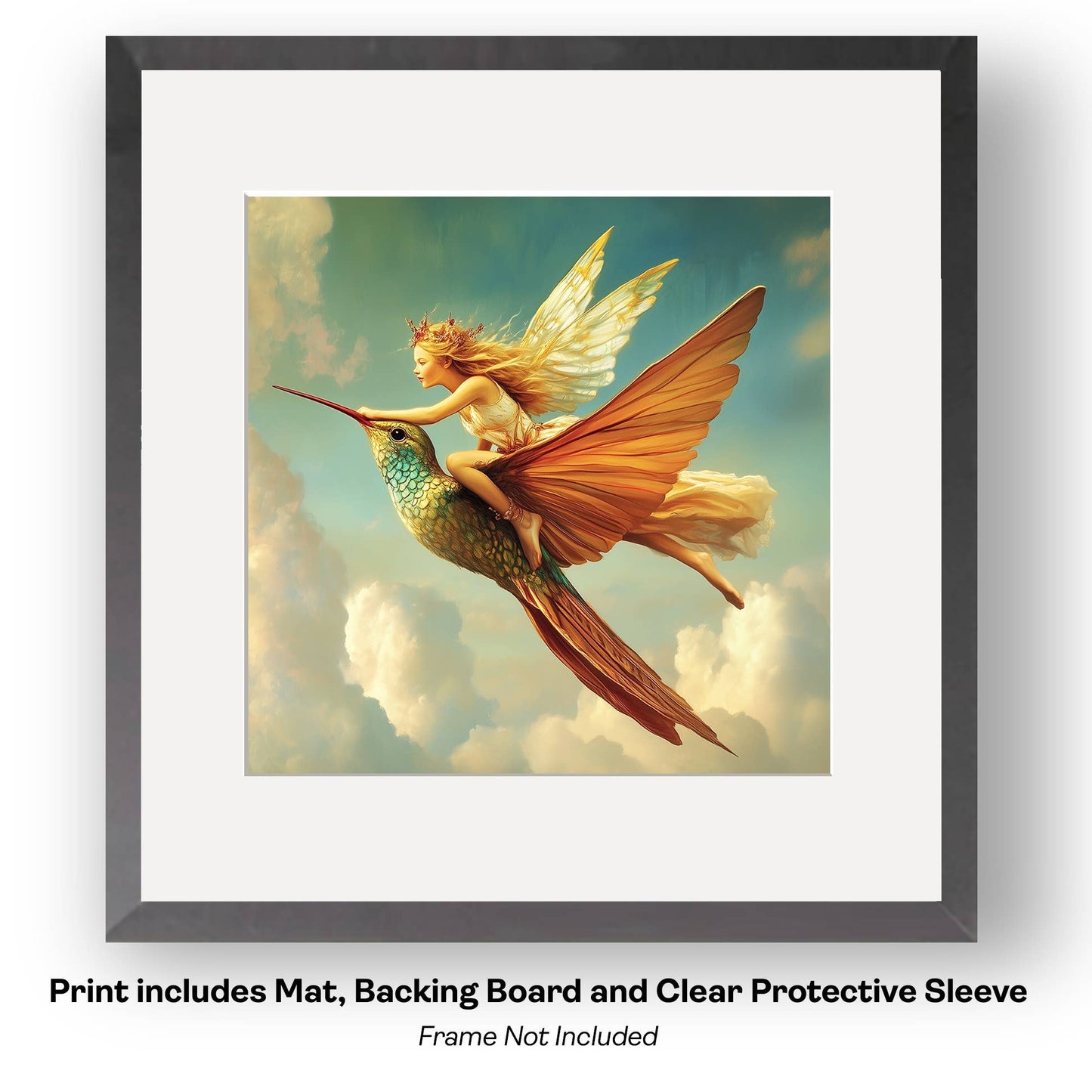 Mowbi - Fairy Riding a Hummingbird -  Fairy Art Prints – 8″x8″ Artwork in 12″x12″ Mat