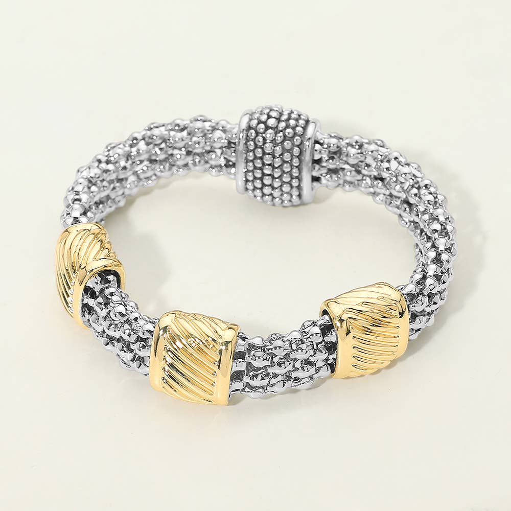 Sensibling Corp. - 14K Gold Plated Two Tone Sculpted Accent Textured Band Magnetic Bracelet