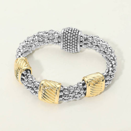 Sensibling Corp. - 14K Gold Plated Two Tone Sculpted Accent Textured Band Magnetic Bracelet