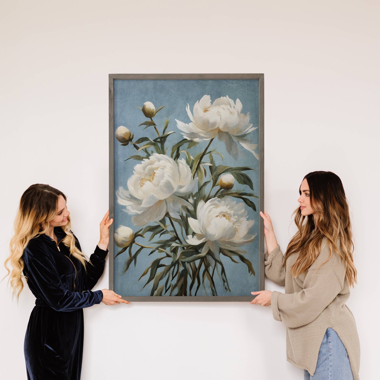 Hangout Home - White Peonies Blue Background - Floral Canvas Art -  Framed: 24x36" Extra Large Canvas Art with Thick Wood Frame