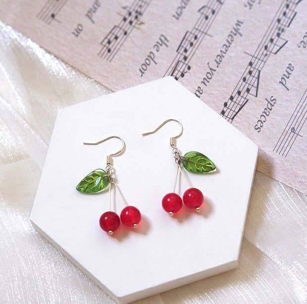 Haengseongworkshop - S925 Cherry Fruit Dangle 8mm Red Jade 15mm Leaves Earrings