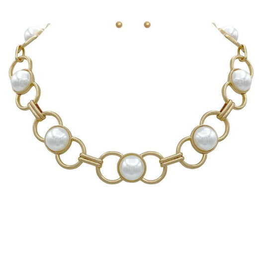 anbfashion - PEARL BEAD CIRCLE LINK METAL NECKLACE: PL