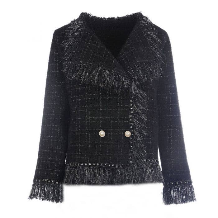 PEACH ACCESSORIES - Classic Tweed Cardigan with Fringe SD196 : Black