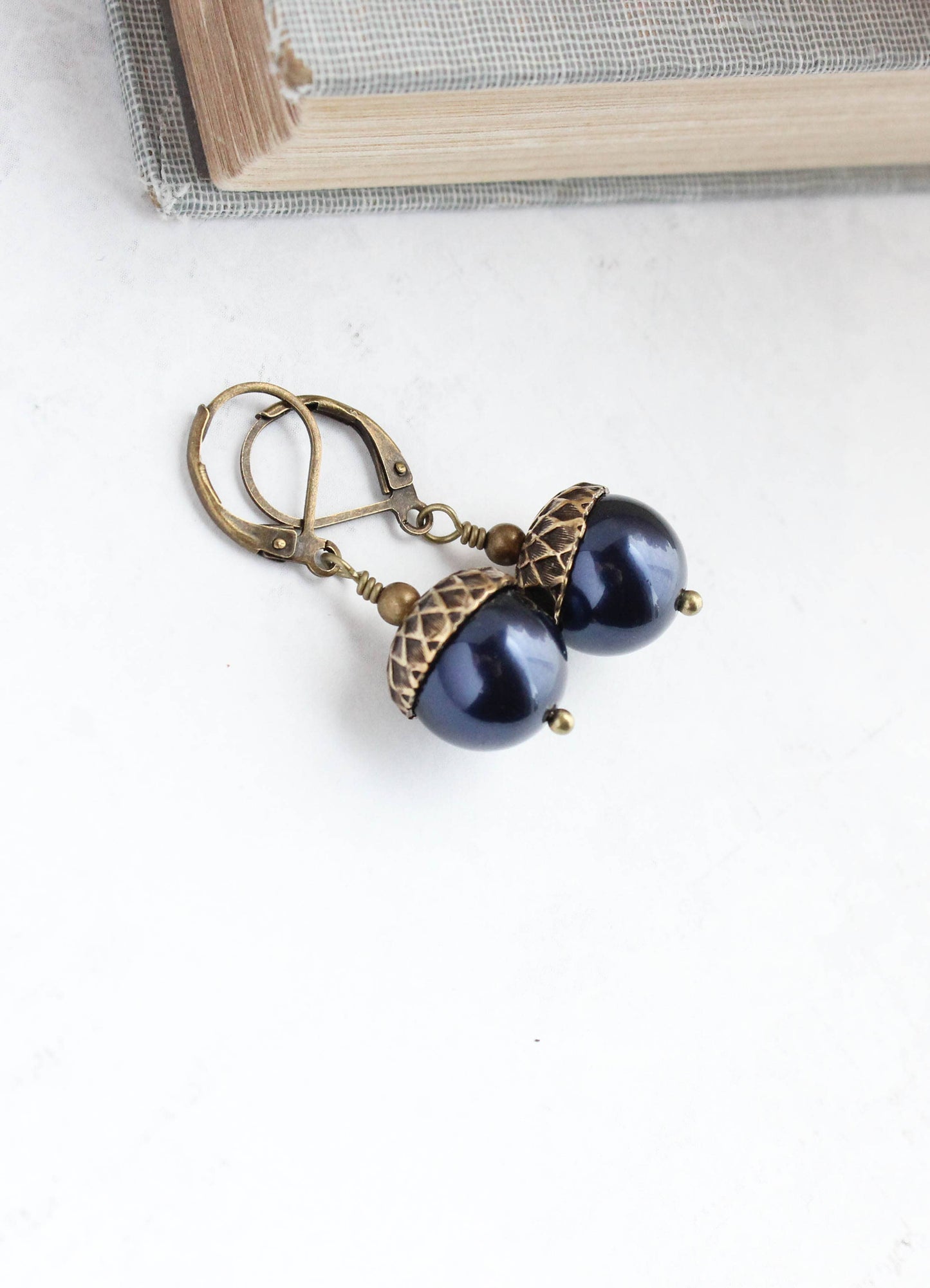 A Pocket of Posies - Midnight Blue Pearl Acorn Earrings - ANTIQUED BRASS