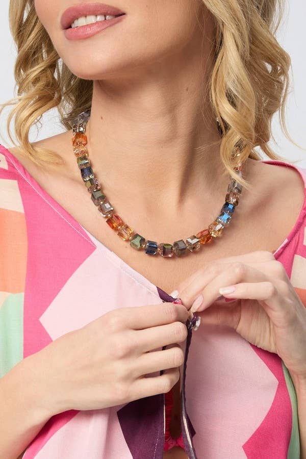 SAACHI - Faceted Glass Bead and Stone Necklace: Navy