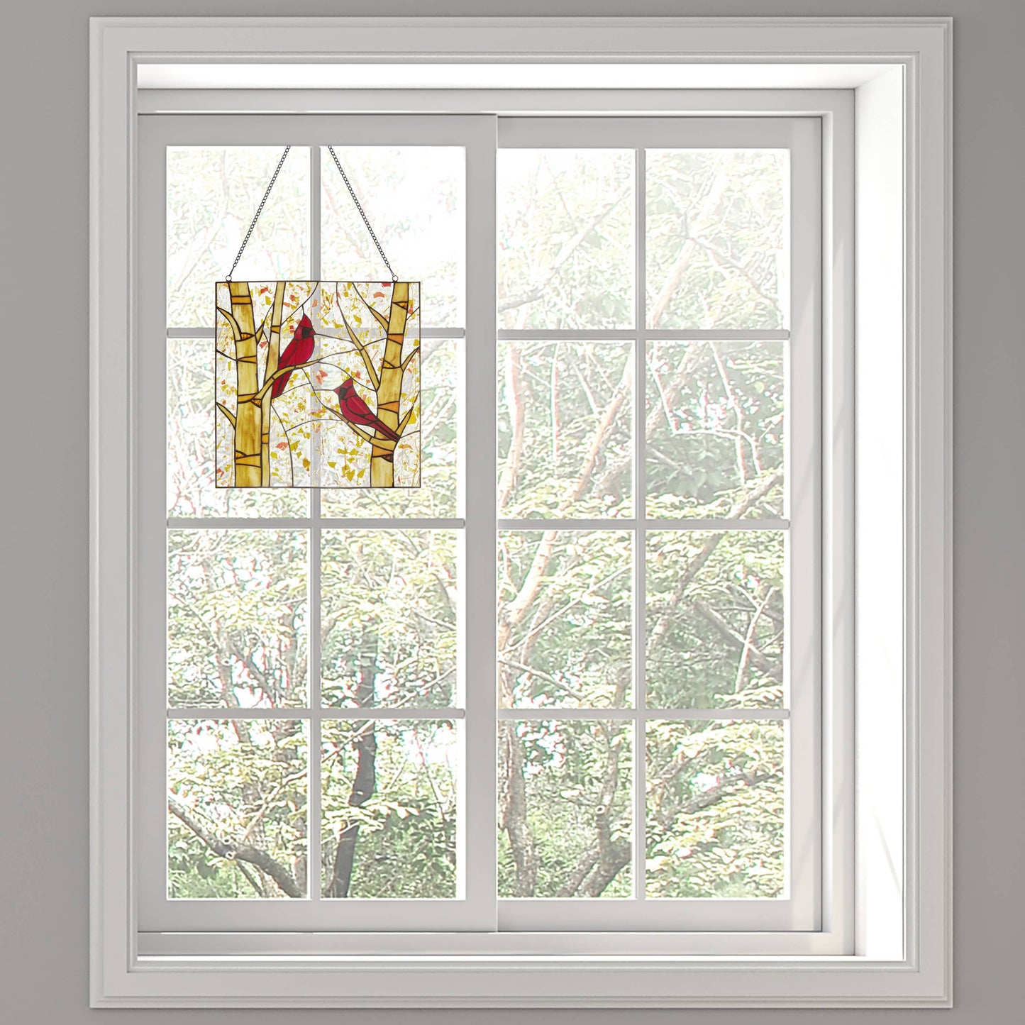 River of Goods - 14"H Eden Red Cardinals in Autumn Stained Glass Window Panel