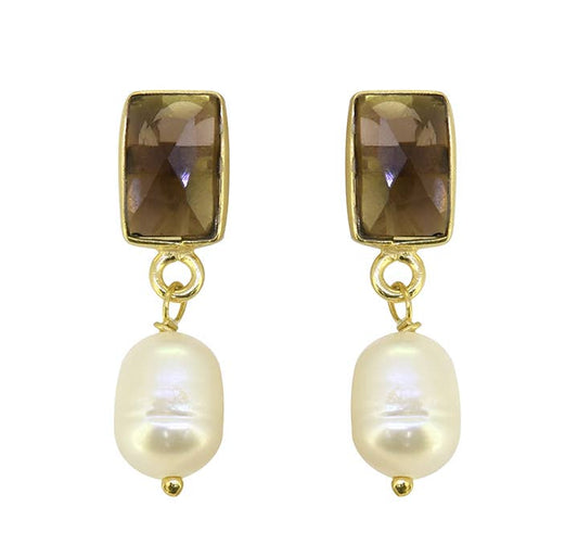 Tiramisu - Pearl Smoky Quartz Gold Plated 925 Silver Drop Earrings