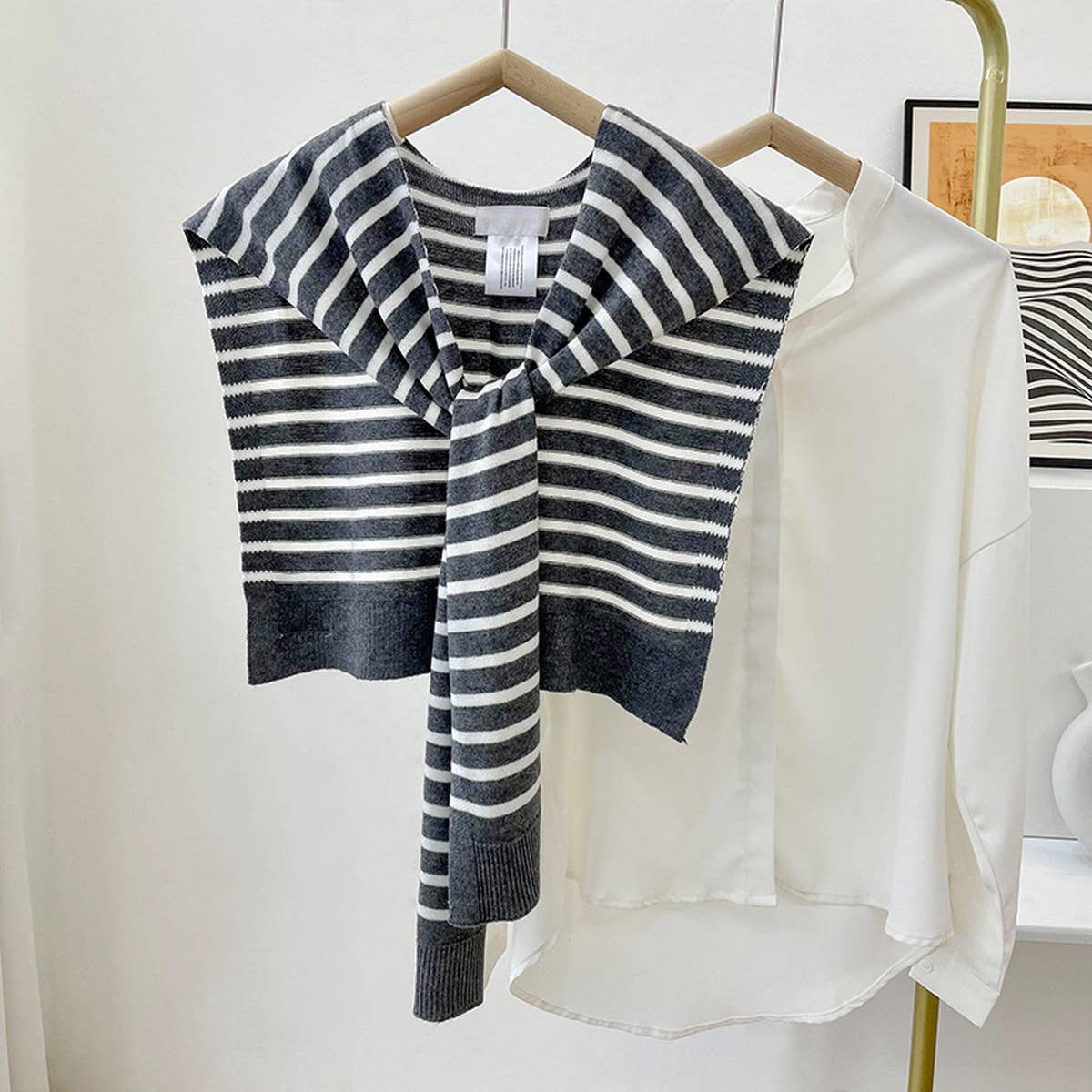 ACCITY - STRIPED KNITTED OUTER SHAWL_CWASC0758: Black / (OS) 1