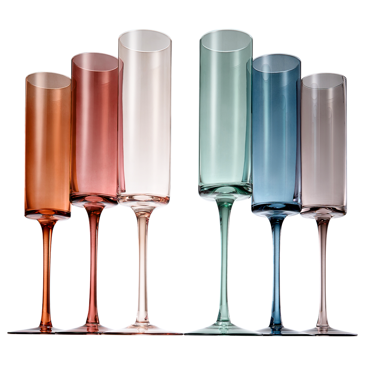 The Wine Savant /  Khen Glassware - Khen Muted Rainbow Champagne Flute Stemmed Glasses Set of 6