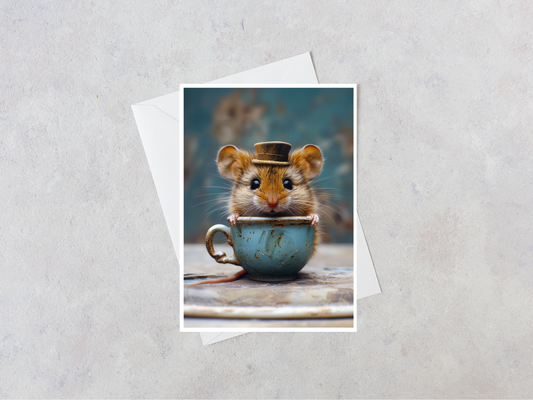 Salty Alyce - Mouse in Aqua Vintage China Tea Cup Blank Card 107AS
