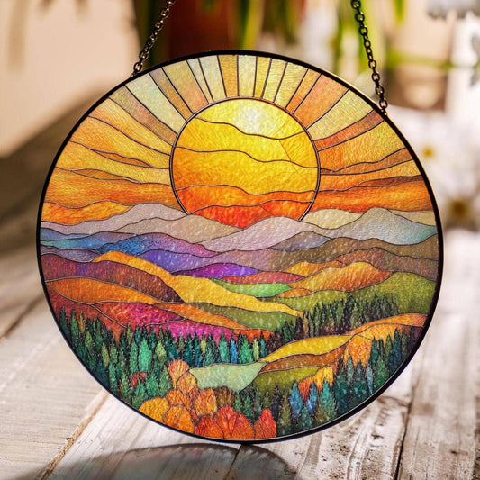 NVC Ecommerce LLC - Mountain Range Stained Glass Suncatcher, Nature Window Art: 11.8in