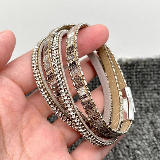 Mio Queena - BJ/LB- BOHO Rhinestone Leather Woven Double Layered Bracelet