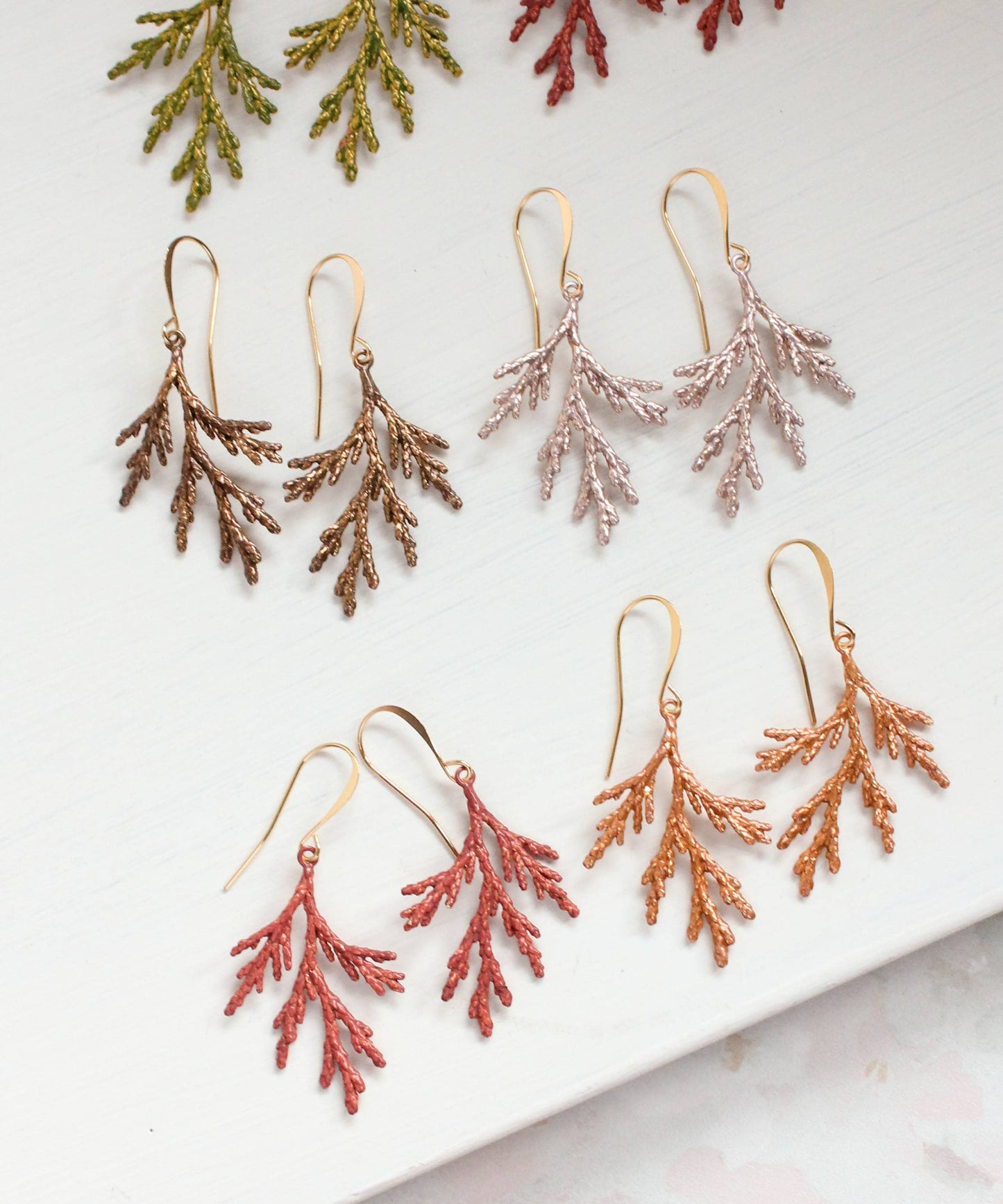 A Pocket of Posies - Cedar Branch Earrings (7 Finish Options): Moss Green Patina