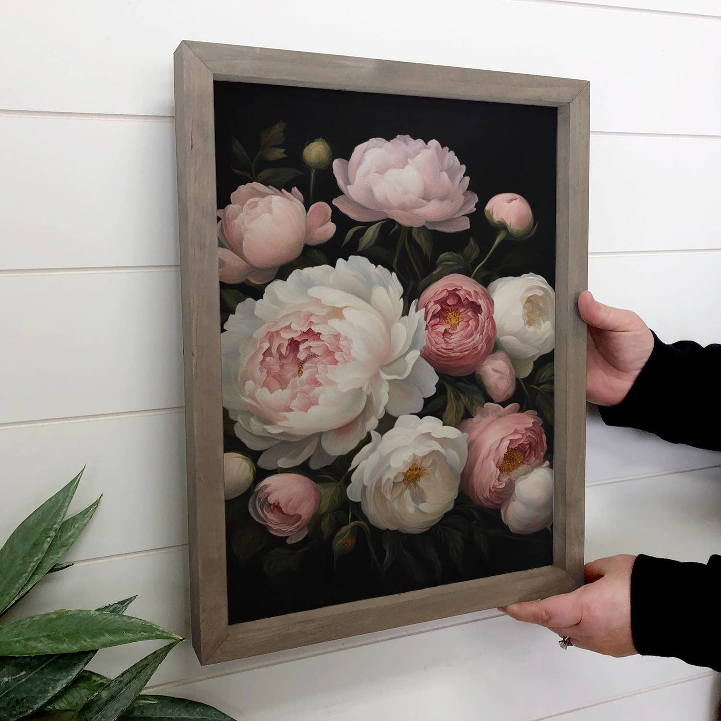 Hangout Home - Pink and White Flowers on Black - Flower Canvas Art - Framed: 24x36" Extra Large Canvas Art with Thick Wood Frame