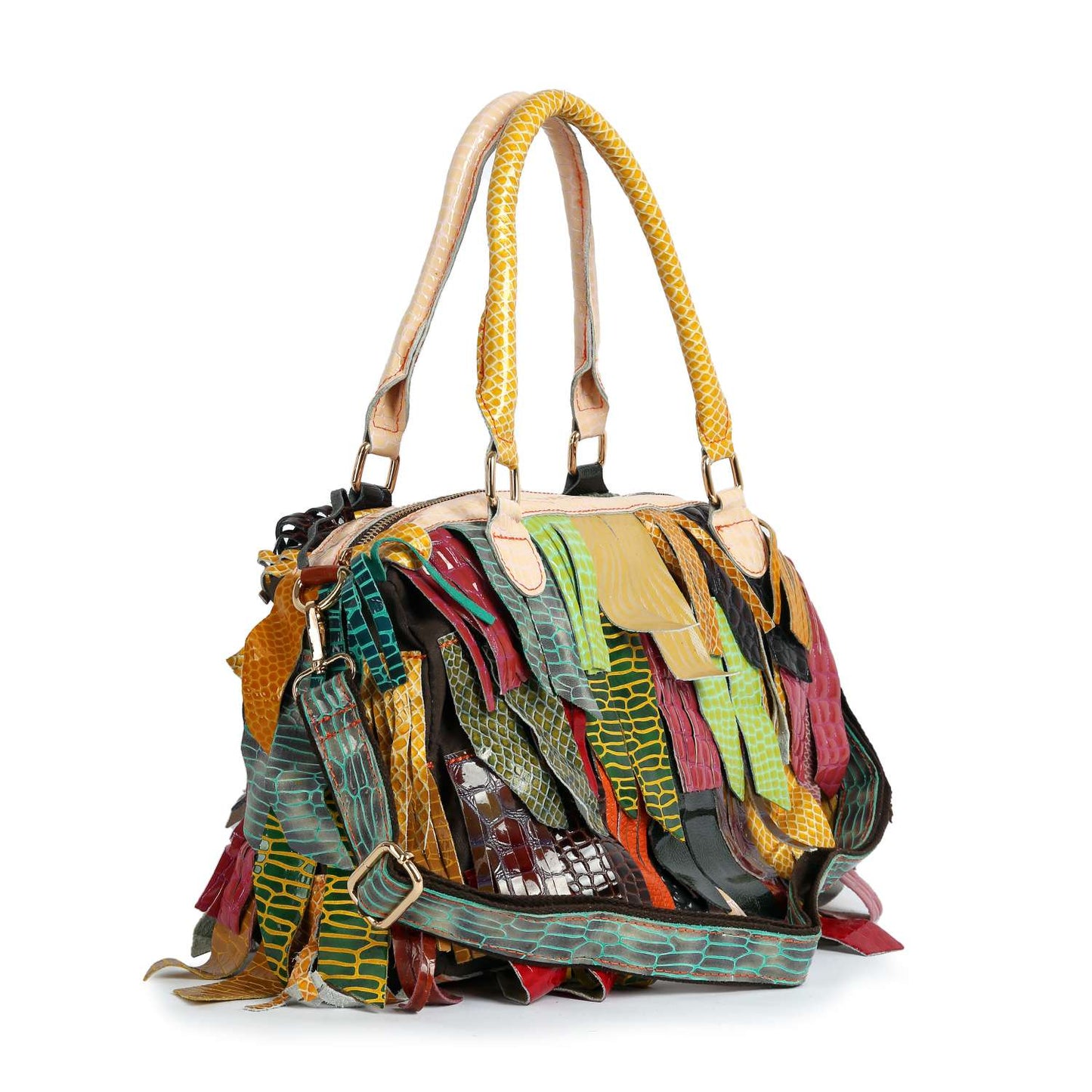 Handbag Express - Genuine Leather Patchwork Fringe Satchel: Multi