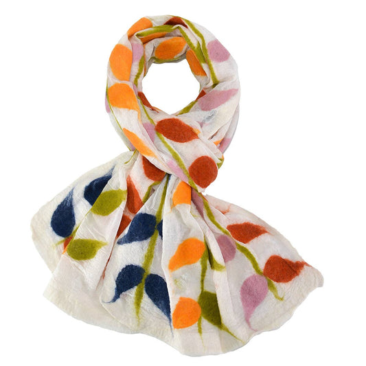 BNB Crafts Inc. - White Hand Felted Leaf Design Scarf