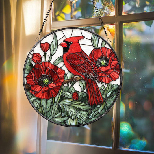 NVC Ecommerce LLC - Cardinal and Red Poppy Suncatcher, Floral Ornament: 11.8in