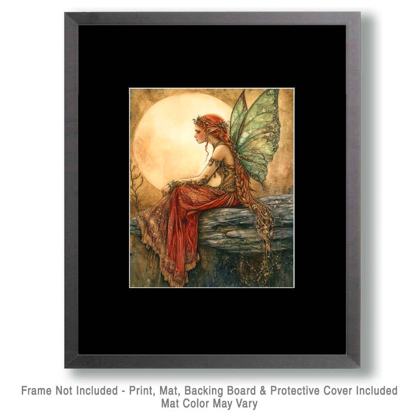 Mowbi - Folk Art Full Moon Fairy - Rustic Farmhouse Decor  8"x10" Artwork for 11"x14" Frame