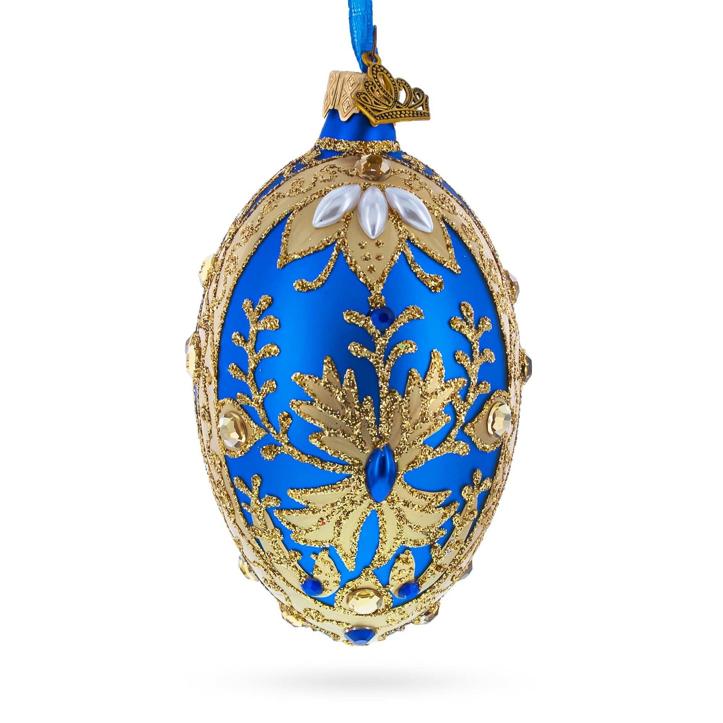 BestPysanky - Golden Swirls on Blue Glass Egg Ornament