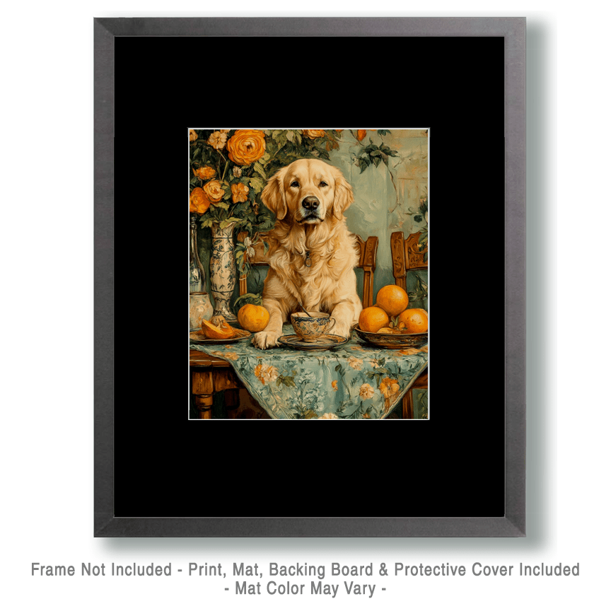 Mowbi - Golden Retriever at Tea - Pet Dog Still Life Wall Art Prints – 8″x10″ Artwork for 11″x14″ Frame