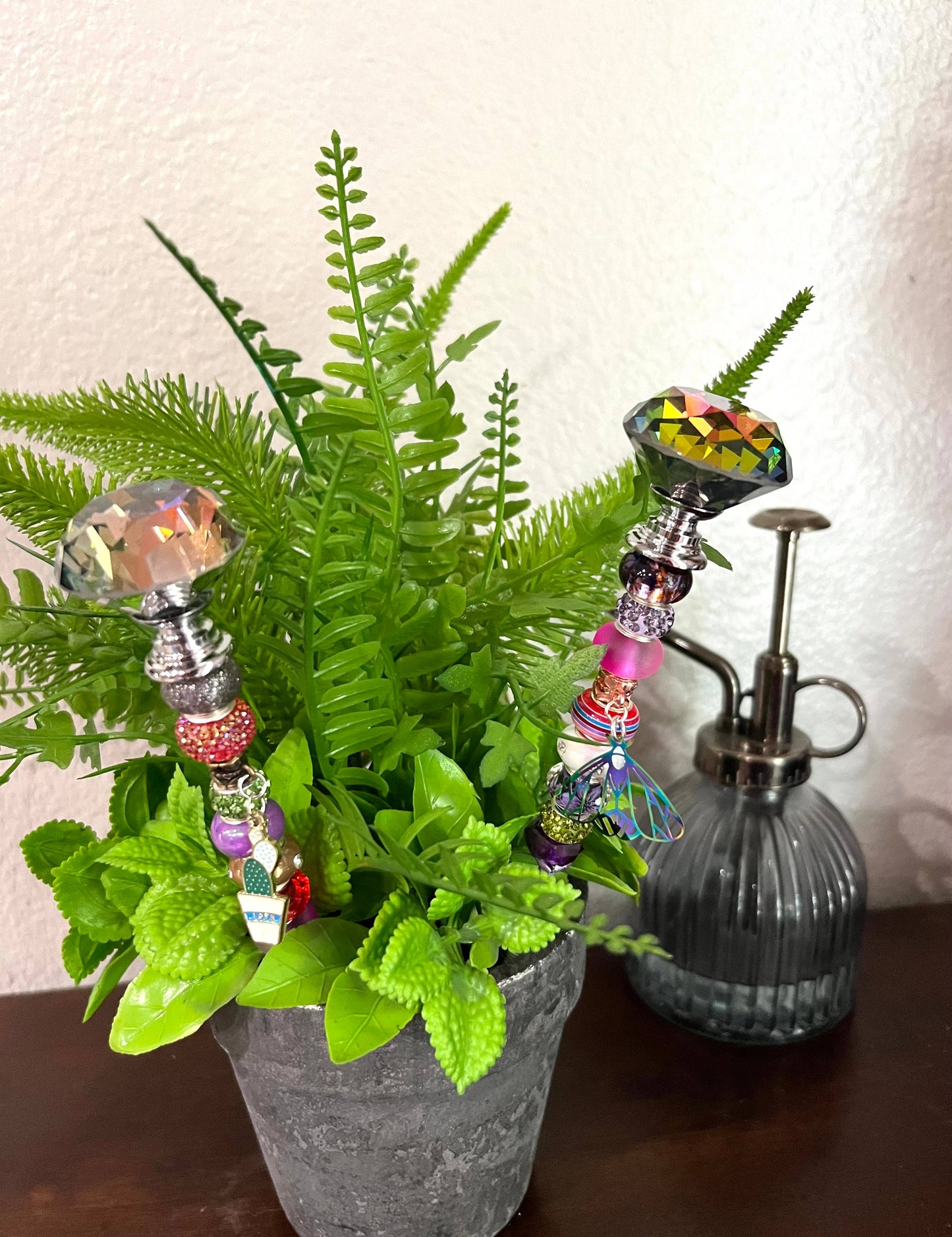Sea of Bliss Shop - Fairy Garden Plant Stakes, Sun Catcher, Handcrafted: Pink / No Charm / 13 inch