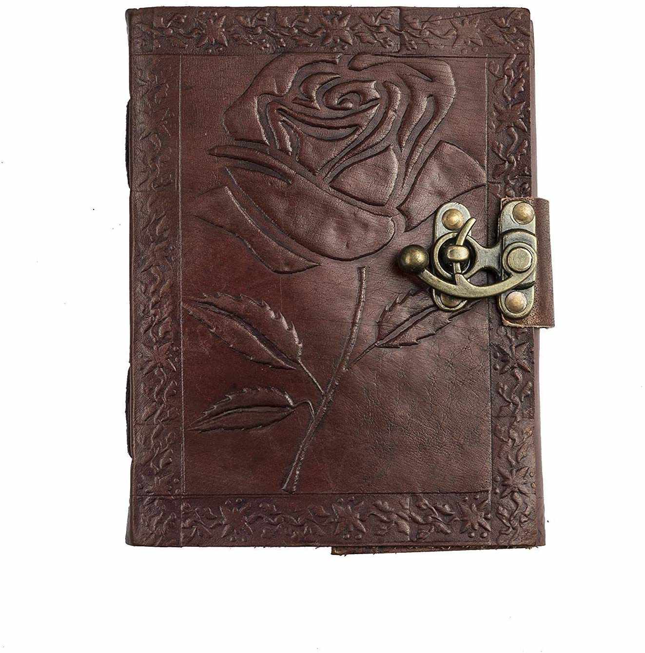 Tuzech Leather - TUZECH Genuine House Leather Journal Notebook Vintage Style Diary with Engraved Rose Brown (7 Inches)