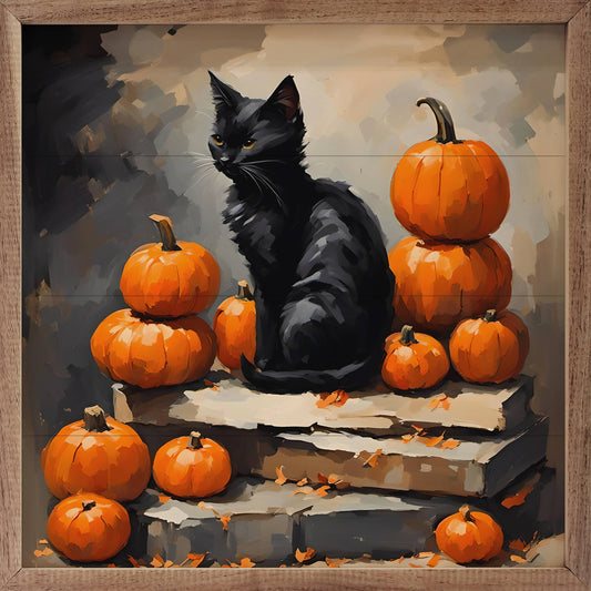 Kendrick Home - Black Cat With Pumpkin Stack: 12 x 12 x 1.5