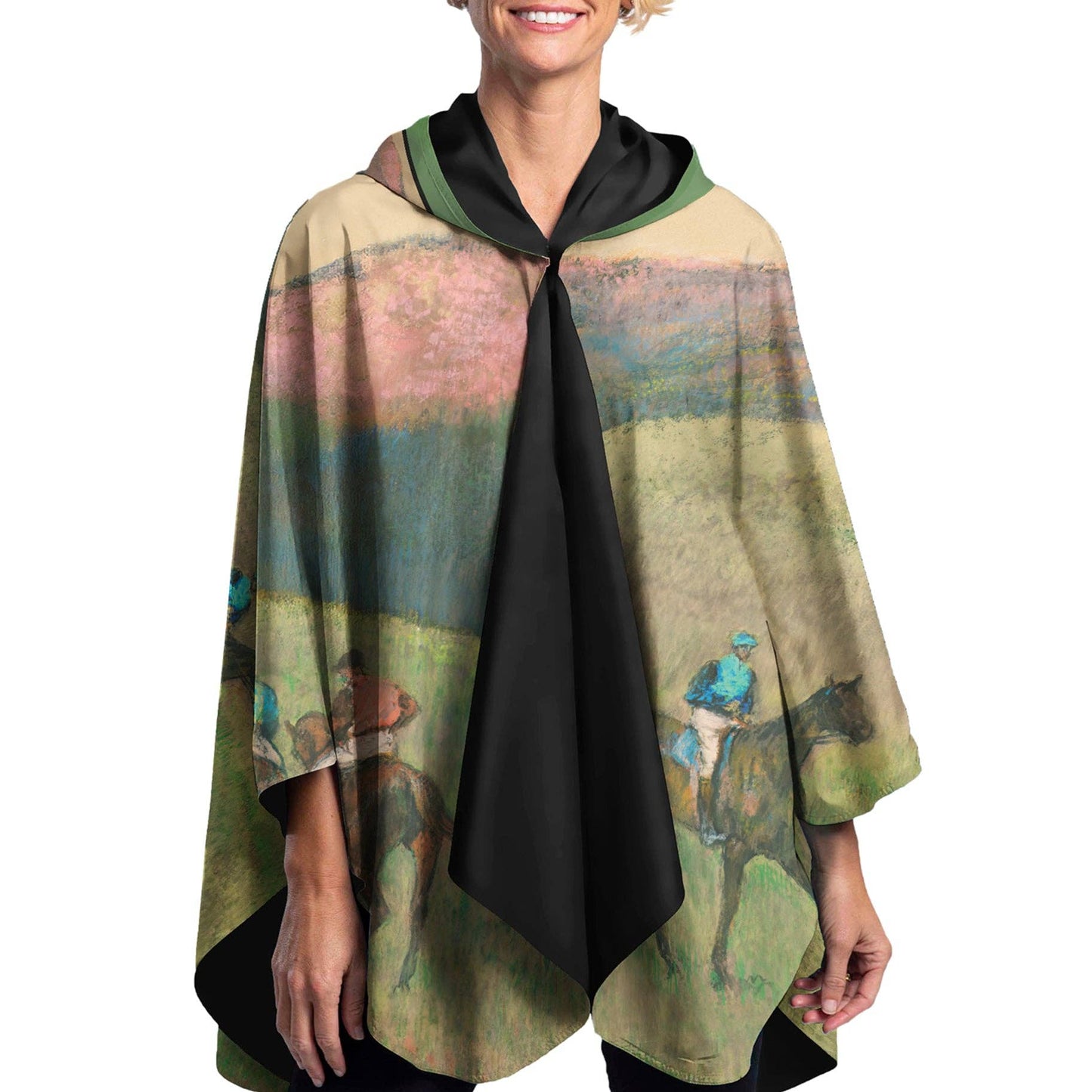 RainCaper - Degas "Racehorses in a Landscape" Reversible Rain Cape – Lightweight Hooded Wrap