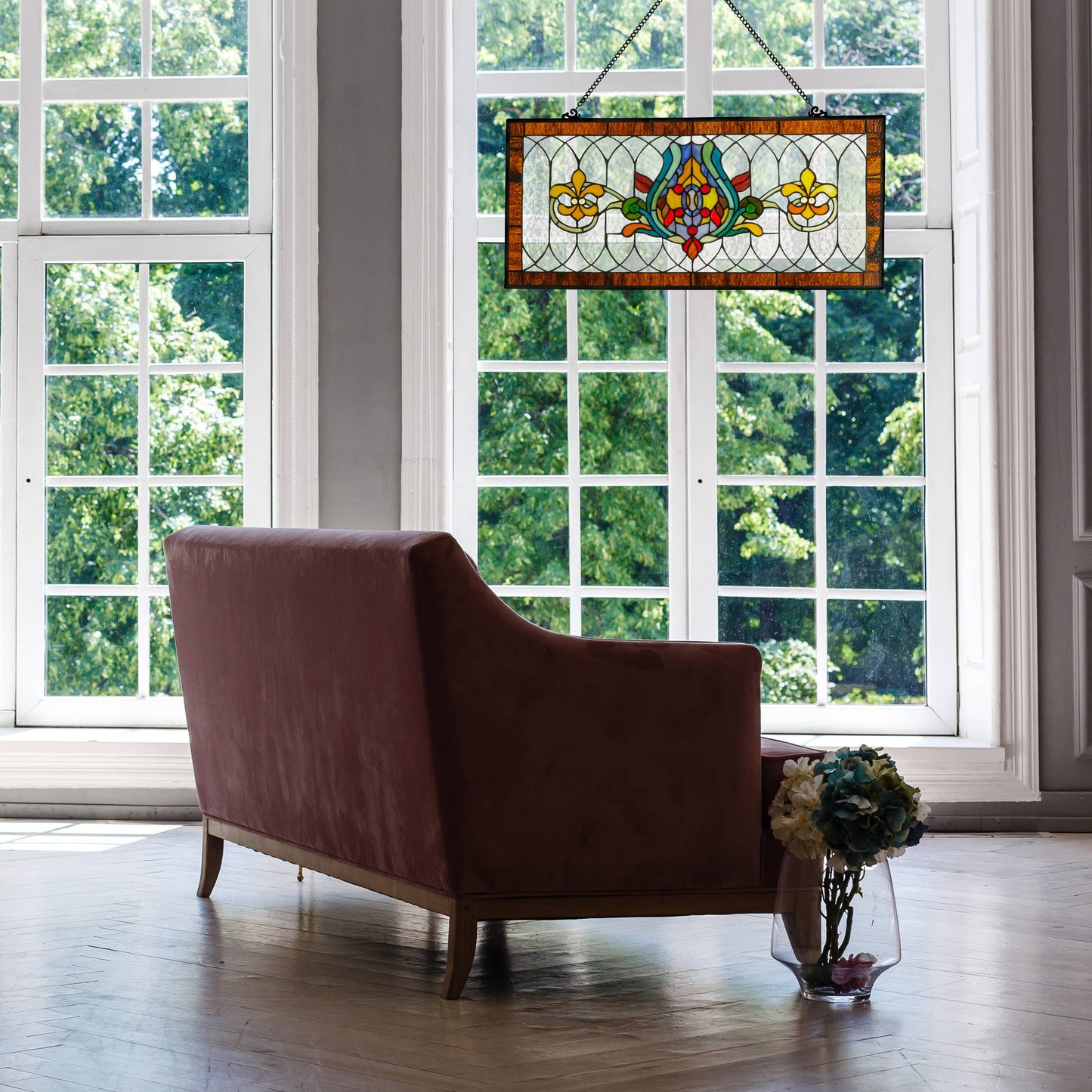 River of Goods - 30"L Fleur De Lis Victorian Stained Glass Pub Window Panel: Amber