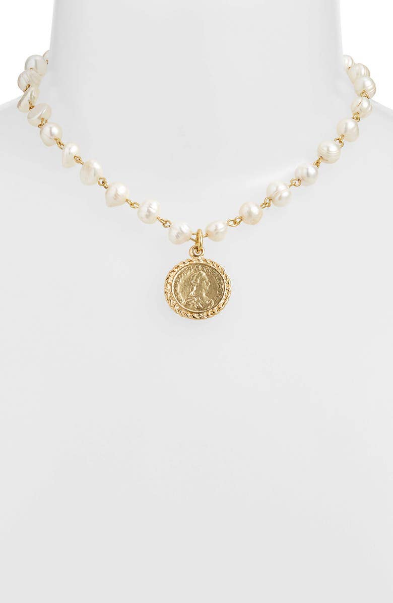 KARINE SULTAN - Elegant Pearl Necklace & Medallion Charm Pendant: Gold