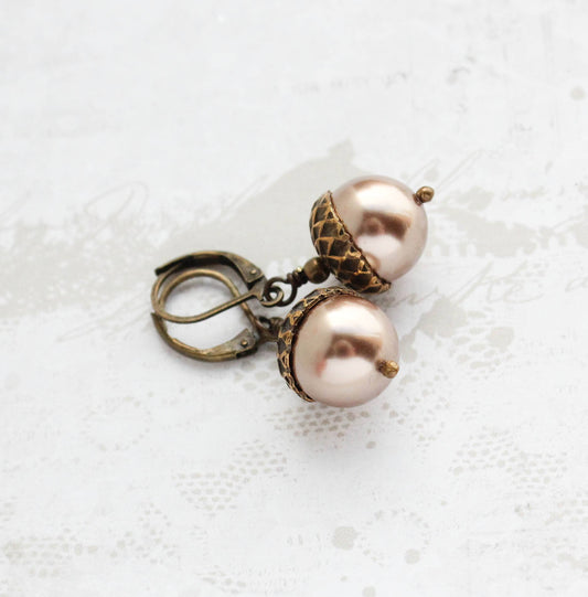 A Pocket of Posies - Pearl Acorn Earrings | ANTIQUED BRASS | Nature jewelry: Copper Pearl