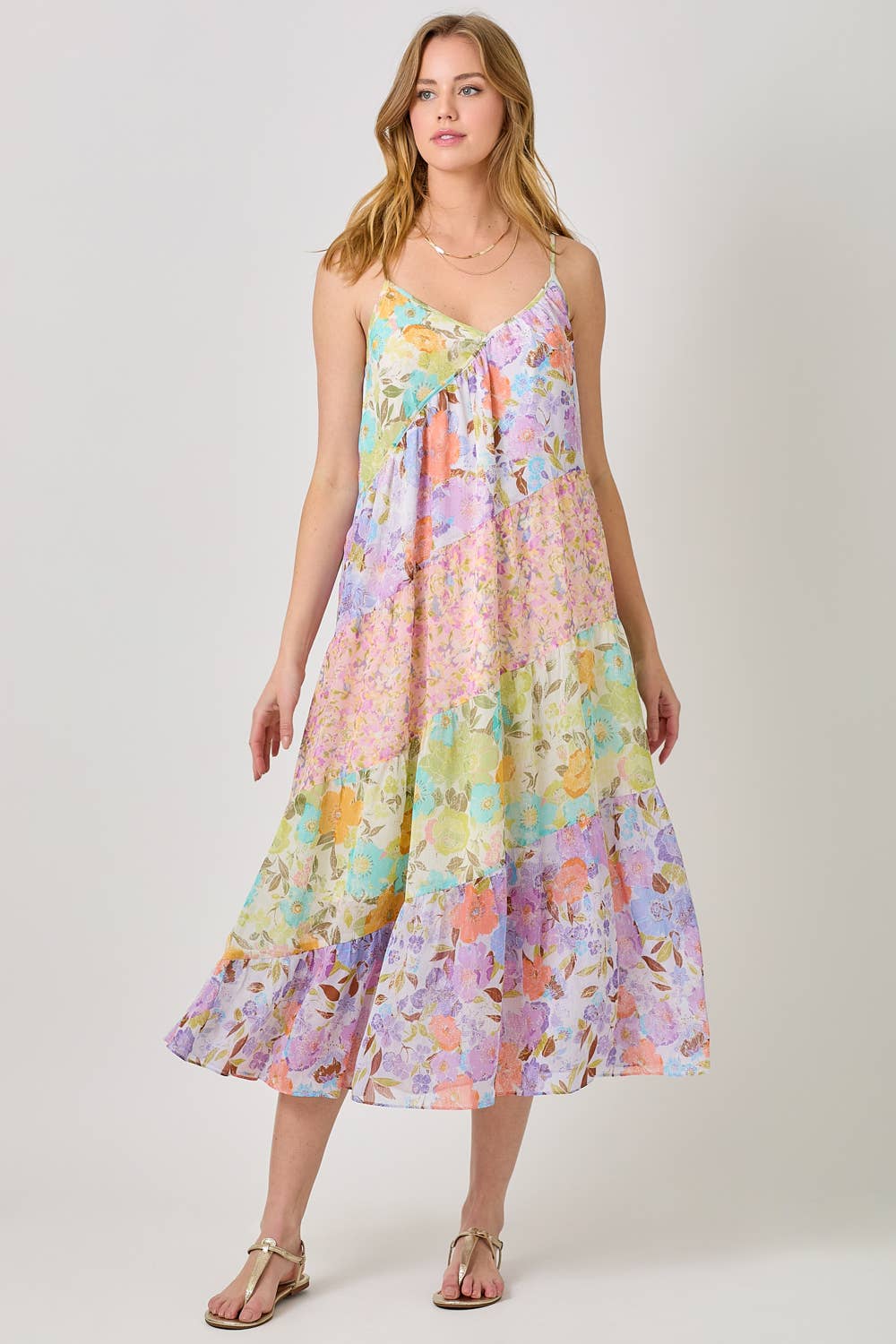 Mystree - 60071 Print Mixed Maxi Dress: Lavender Mix / Medium