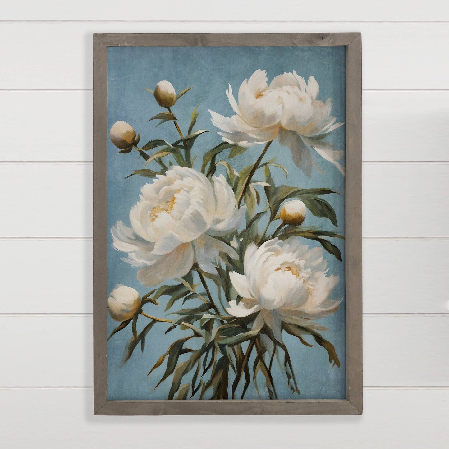 Hangout Home - White Peonies Blue Background - Floral Canvas Art -  Framed: 24x36" Extra Large Canvas Art with Thick Wood Frame