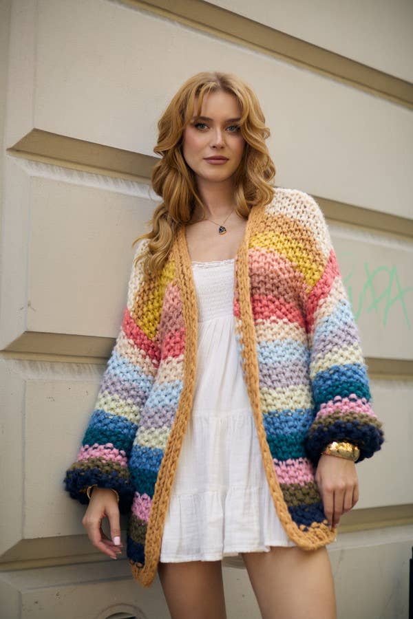 SAACHI - Rainbow Knitted Cardigan: Pastel Pink