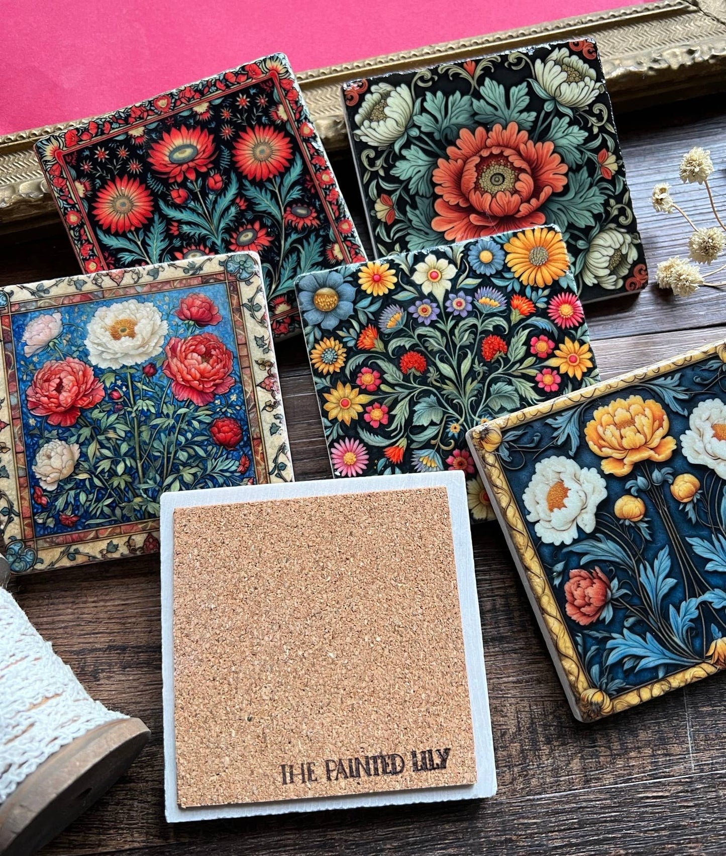 The Painted Lily - William Morris inspired stone coasters - case of 6
